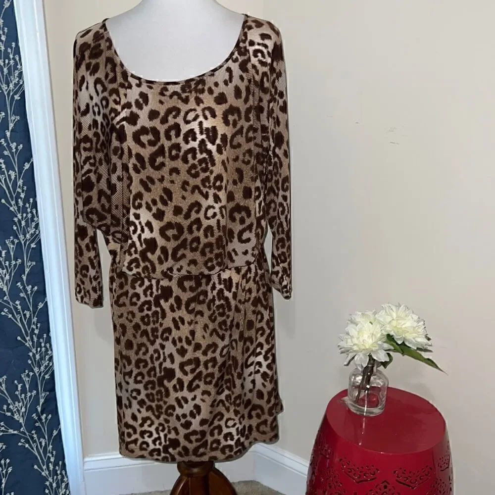 Clara Sun Woo Leopard Animal Print Drop Sleeve Dolman Dress Belt sz M Medium